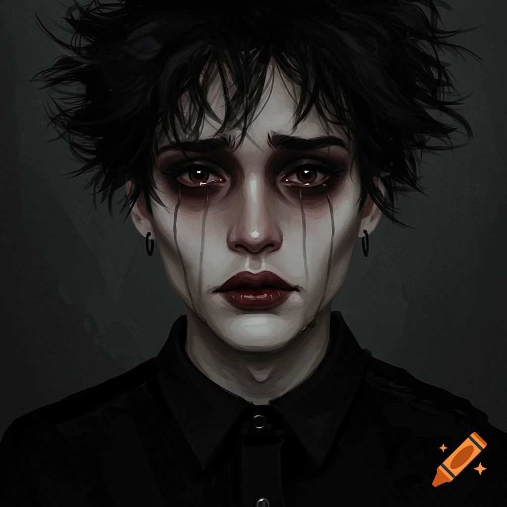 A person with dark makeup and crying streaks down their face is wearing a black shirt.