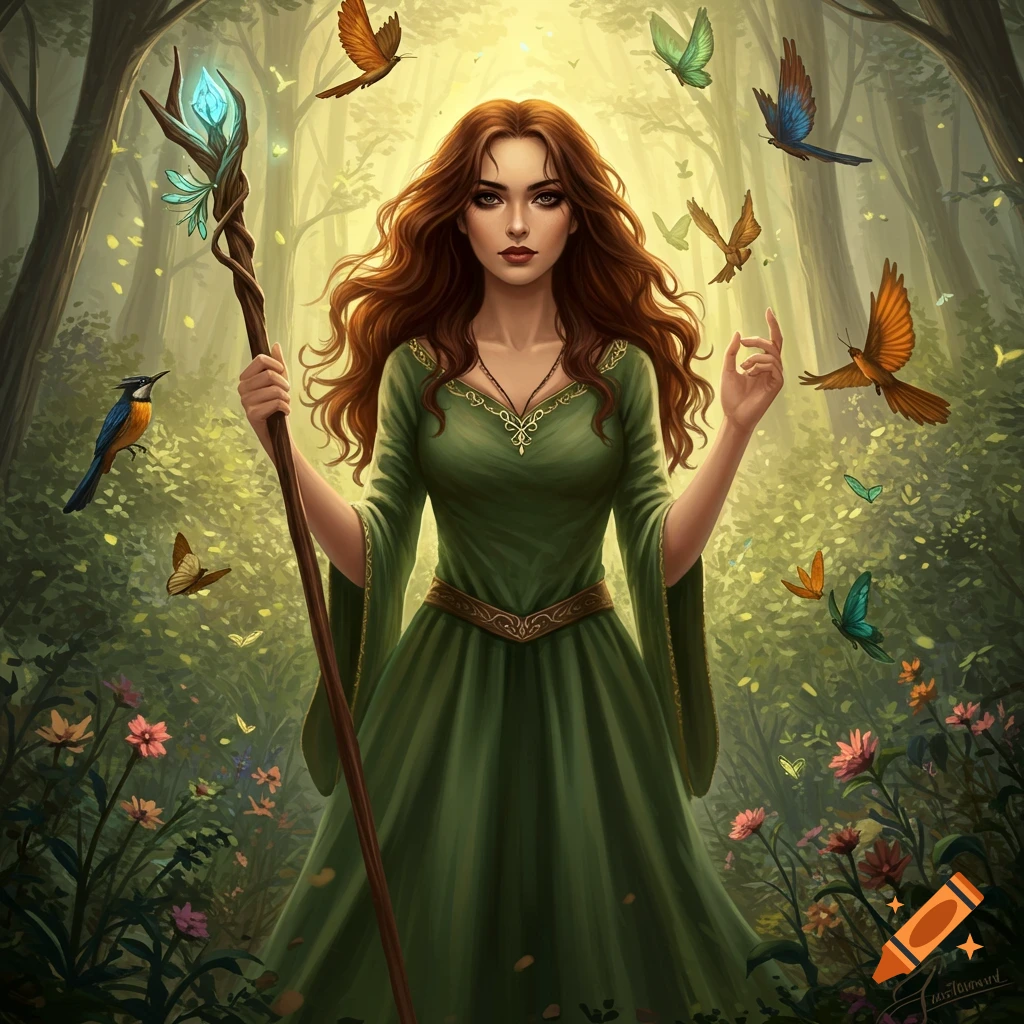 A woman in a green dress holds a staff in a magical forest with birds and butterflies.