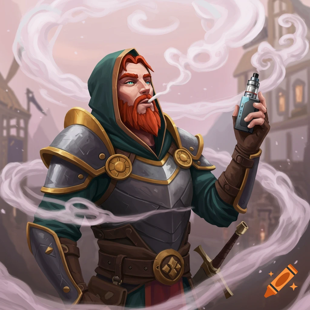 a fantasy character in armor and hood vaping