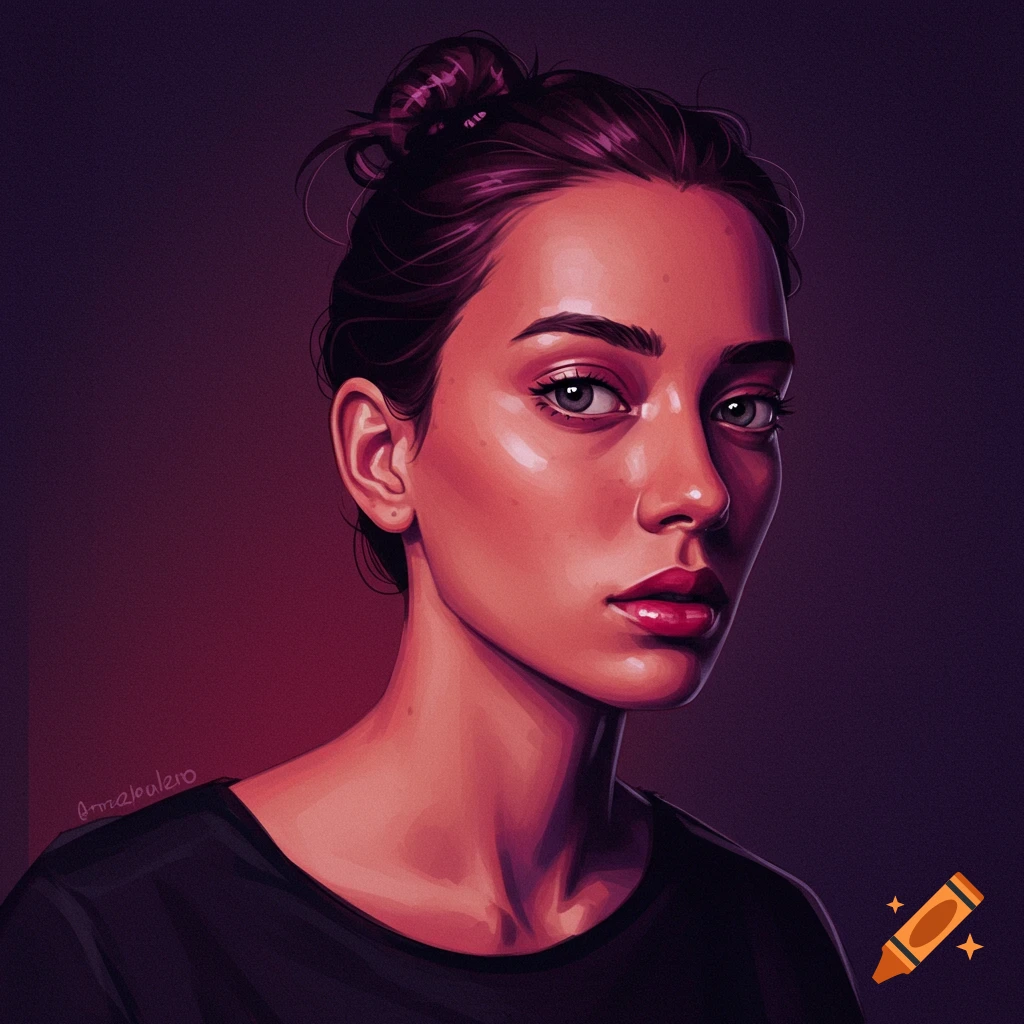 A portrait of a young woman with her hair in a bun.