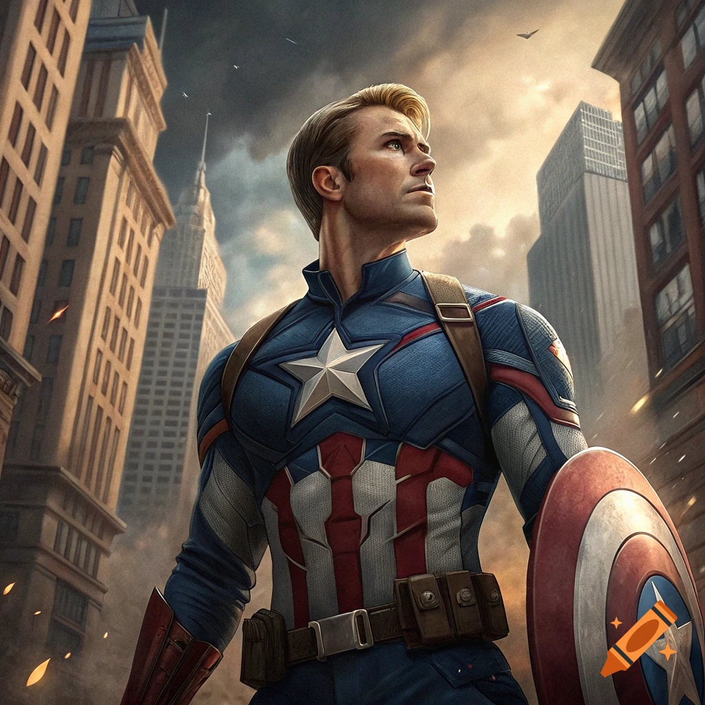 Captain America stands in an urban street with his shield, looking upwards.