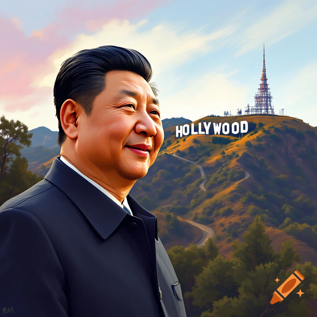Image of Xi Jinping looking at the Hollywood sign.