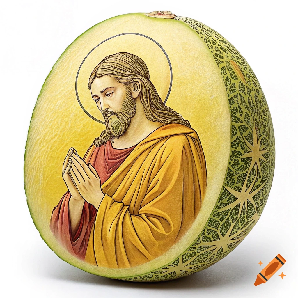 Religious depiction of Jesus Christ carved onto a melon