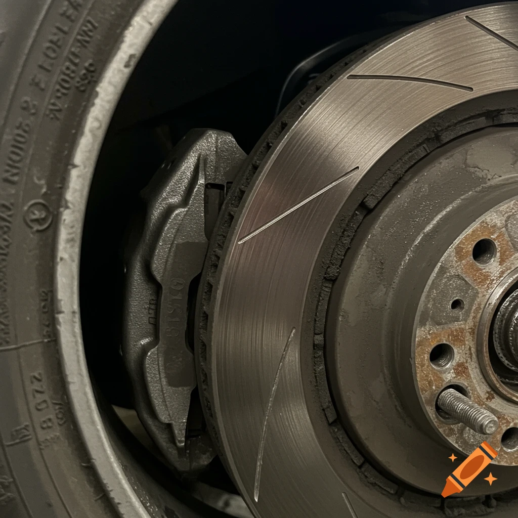 Close-up view of a car's brake rotor, caliper, and tire.