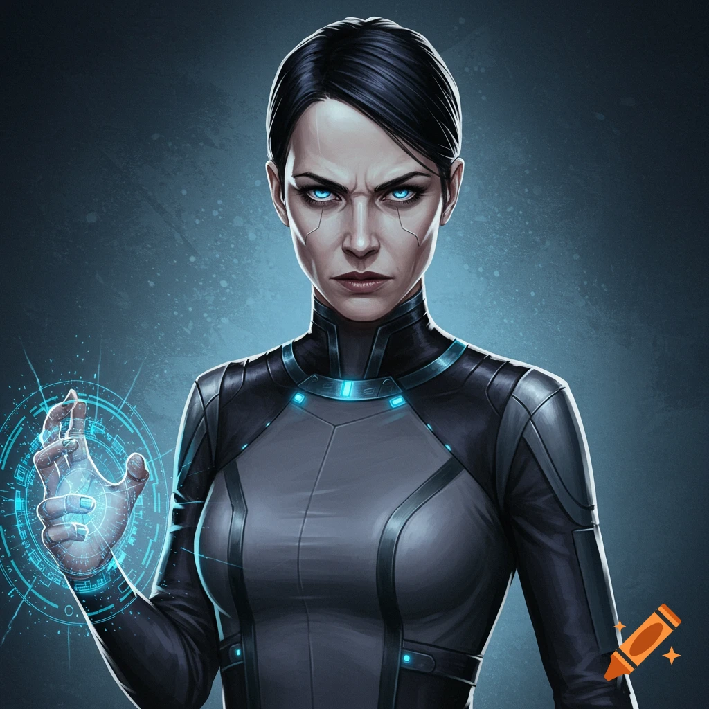 A stern woman with piercing blue eyes and cybernetic features, wearing a futuristic suit and casting a glowing blue energy circle from her hand.