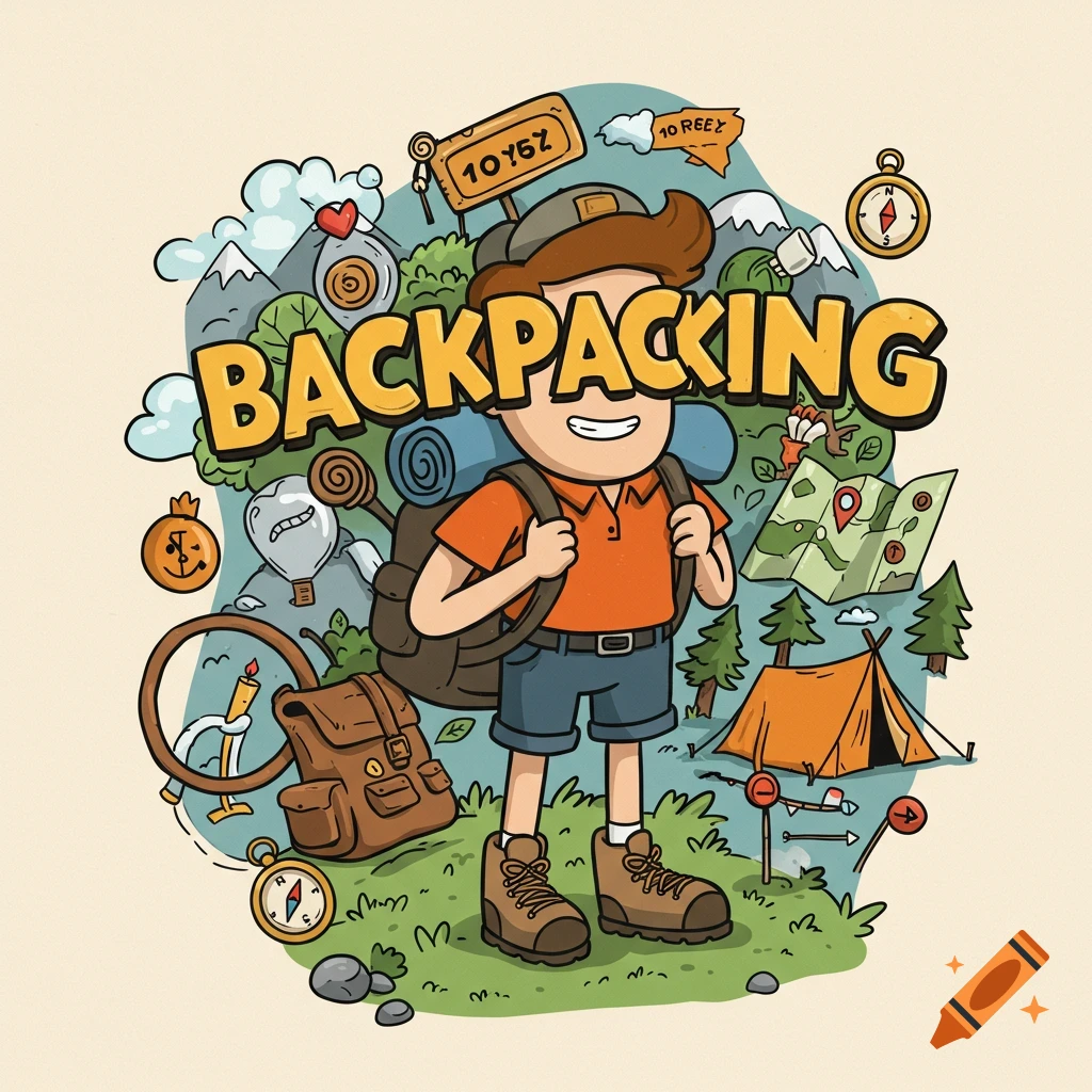 Cartoon illustration of a backpacker surrounded by hiking and camping symbols with the word BACKPACKING.