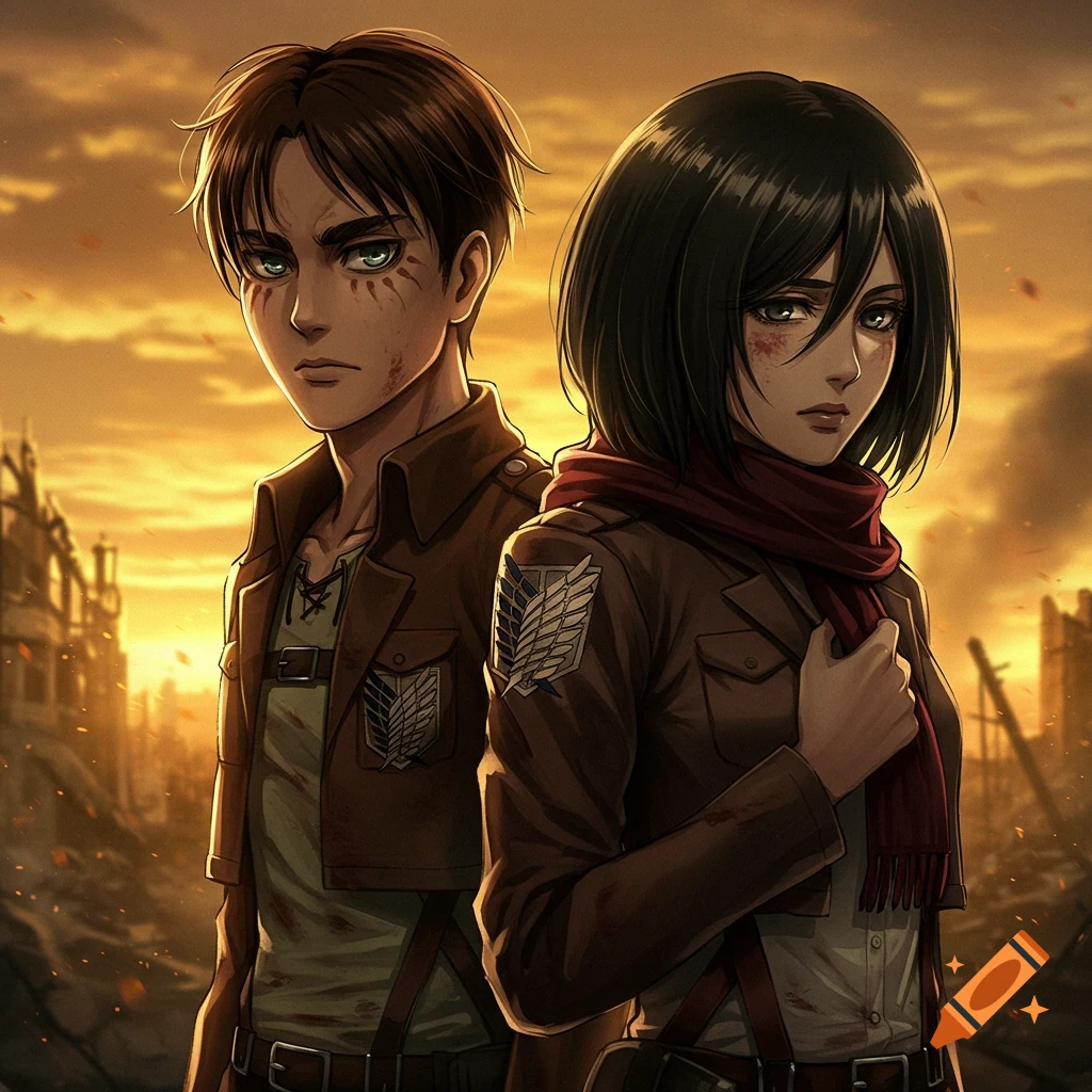 Anime characters in military uniforms stand in front of a ruined city at sunset.