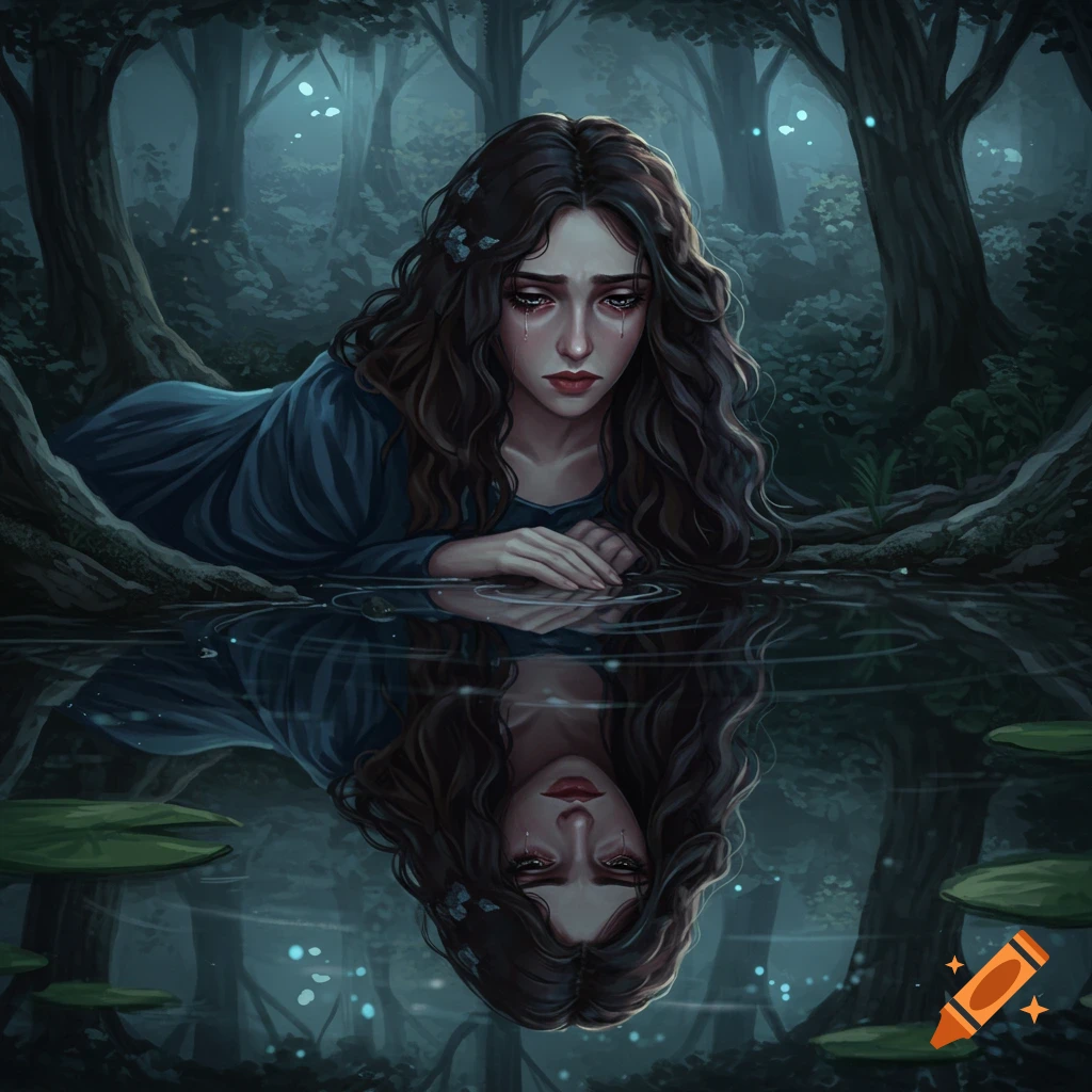 Sad woman looking at her reflection in a dark forest pool.