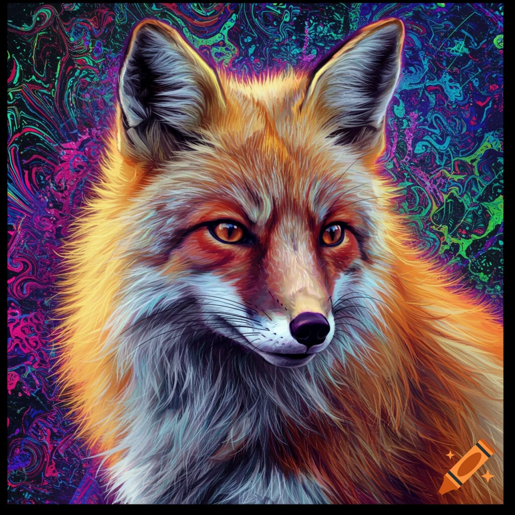 Portrait of a red fox with a vibrant, abstract background.