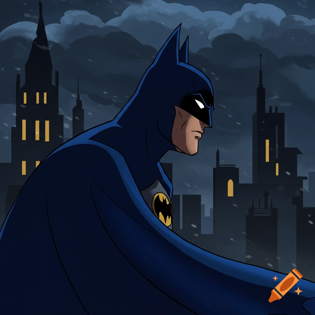 Batman from the animated series, side view on a rooftop overlooking a snowy city at night.