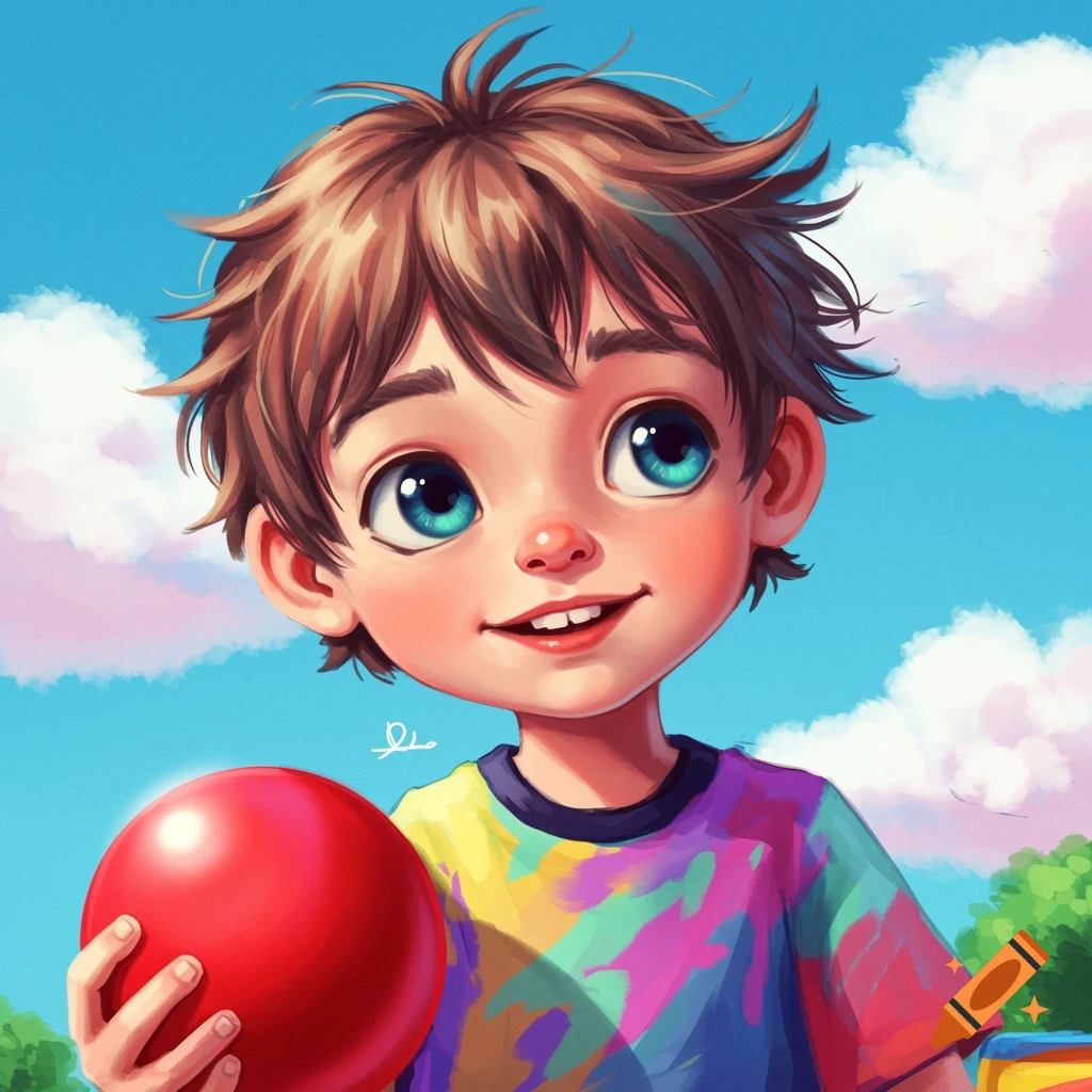Digital illustration of a boy with big blue eyes holding a red ball against a blue sky.