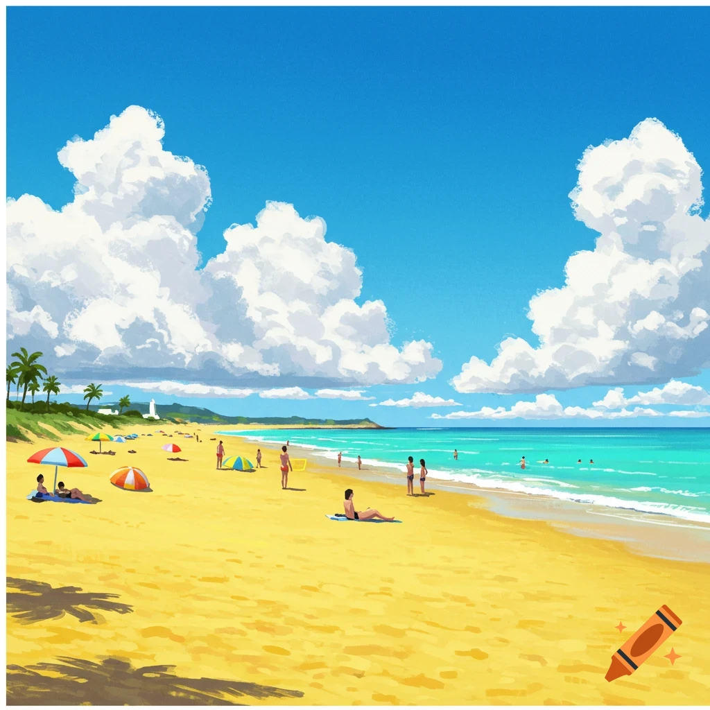 A sunny beach with people relaxing and swimming.