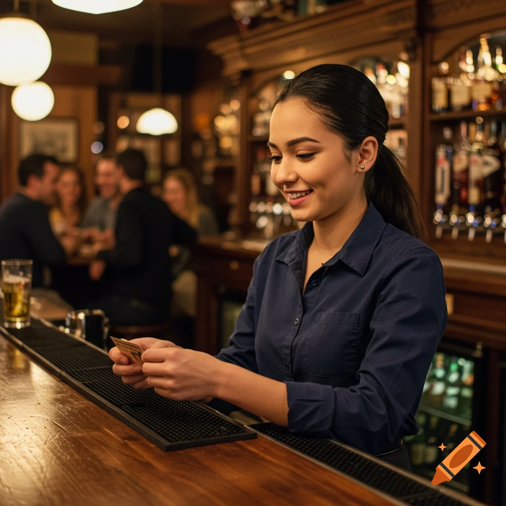A smiling woman bartender checks a card behind a bar with patrons in the background.