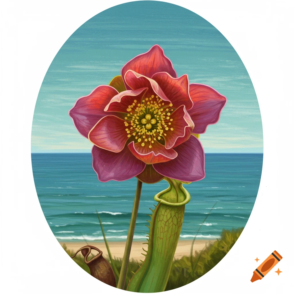 A pitcher plant flower and pitcher plants with an ocean background.