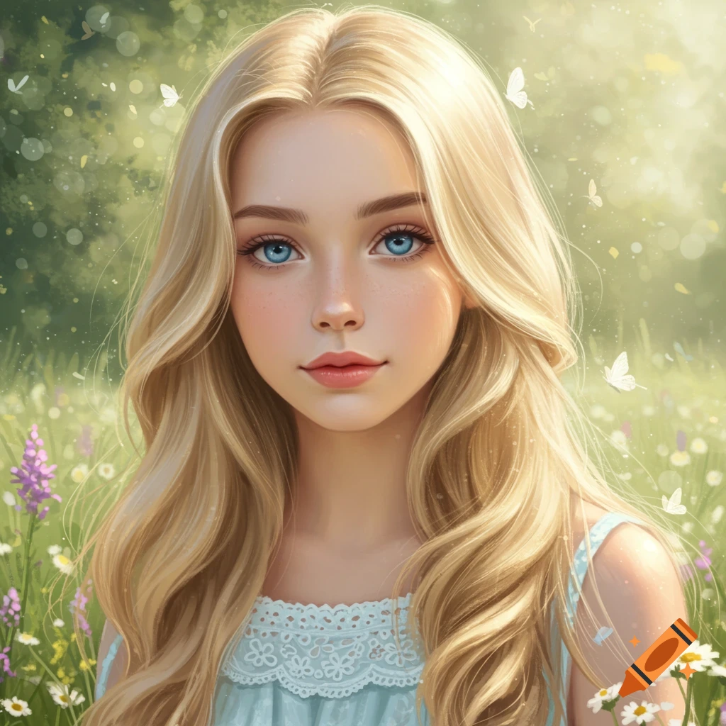 A young girl with blonde hair and blue eyes in a dreamy field of flowers and butterflies.