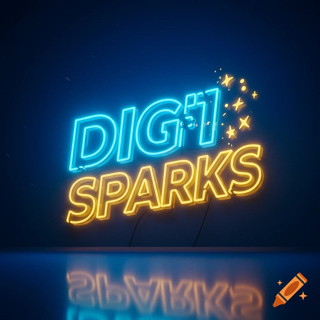 Blue and yellow neon sign reading 'DIGI SPARKS' with reflection