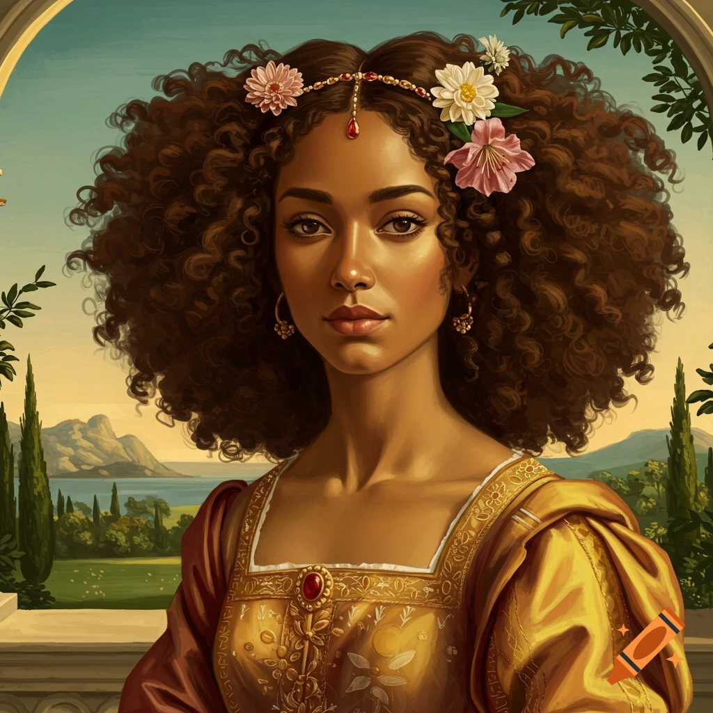 Image of a woman in Renaissance style dress and flowers in her hair, with a landscape background.
