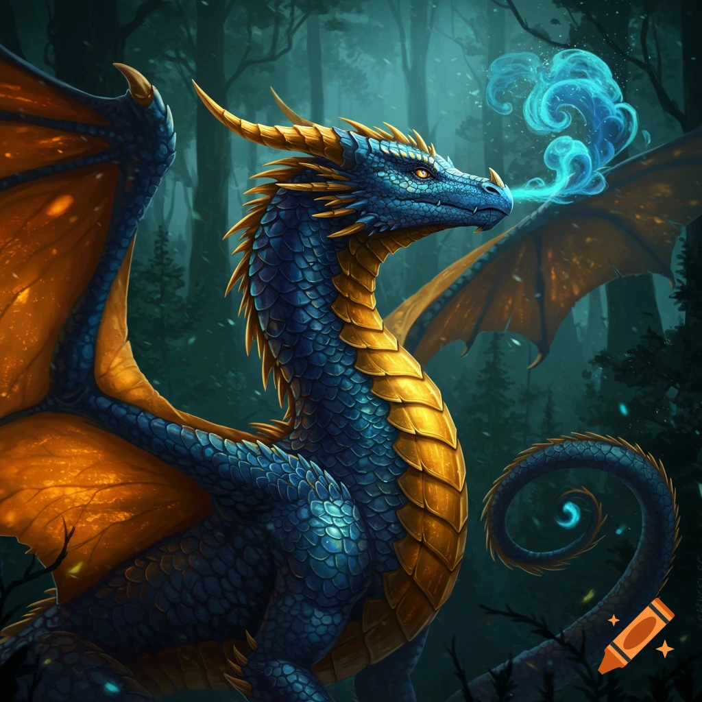 A blue and gold European dragon breathing blue smoke in a dark forest.