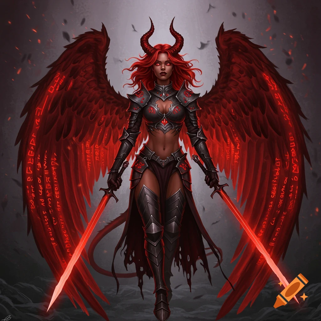 A female fantasy demon or fallen angel character with red wings and horns, wearing armor and holding swords.