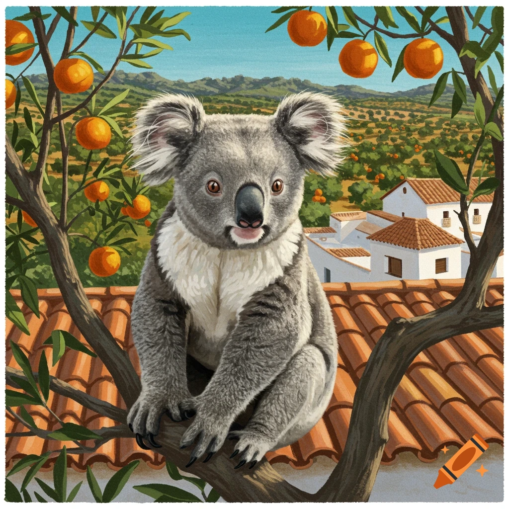 A koala perched on a red tile roof in Spain with orange trees.