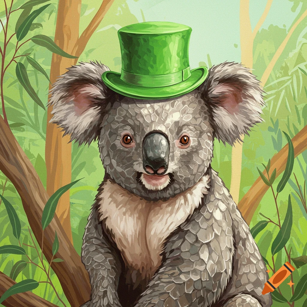 A koala wearing a green top hat sitting in a tree.