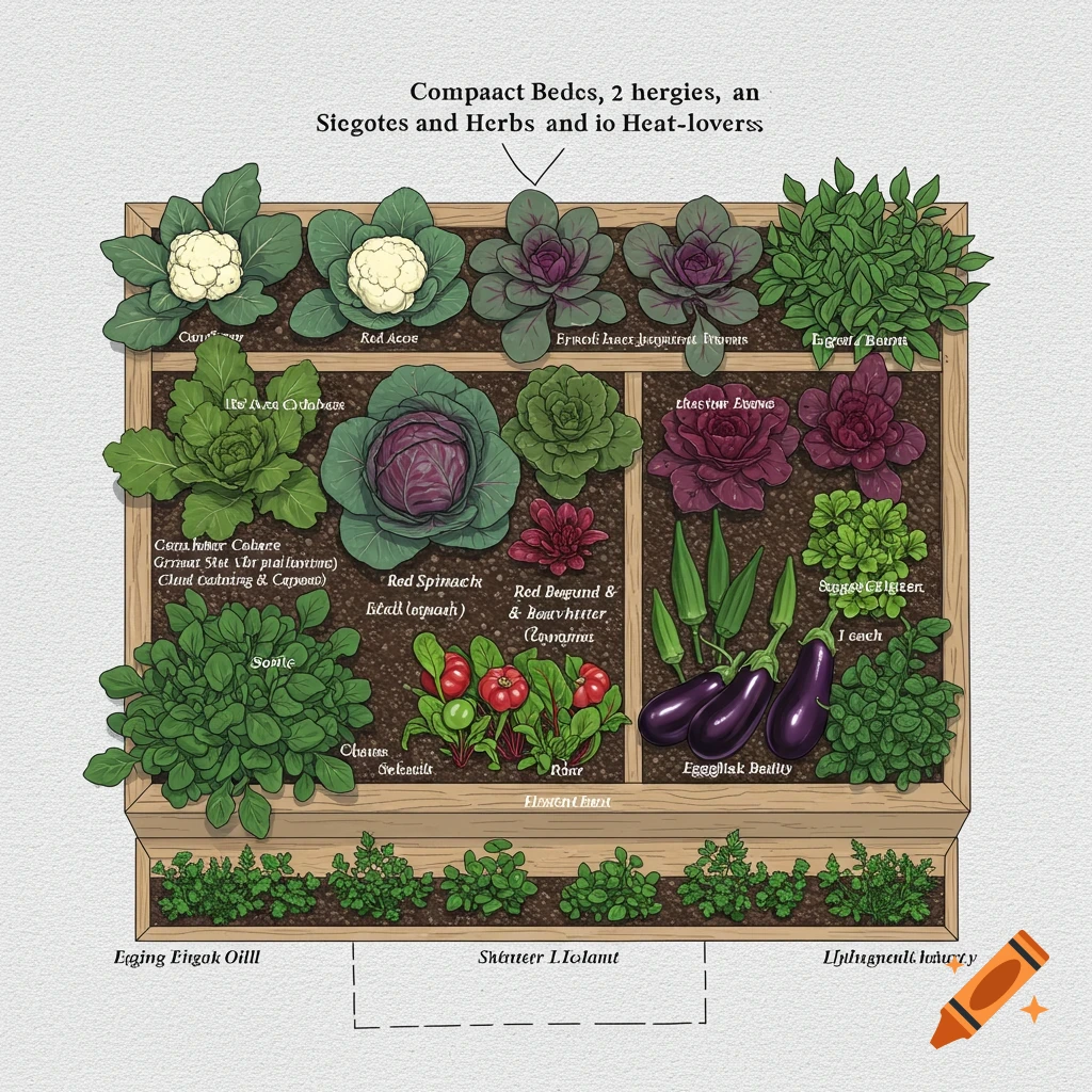 Illustration of a raised garden bed showing cauliflower, cabbage, spinach, okra, eggplant, and herbs with labels.