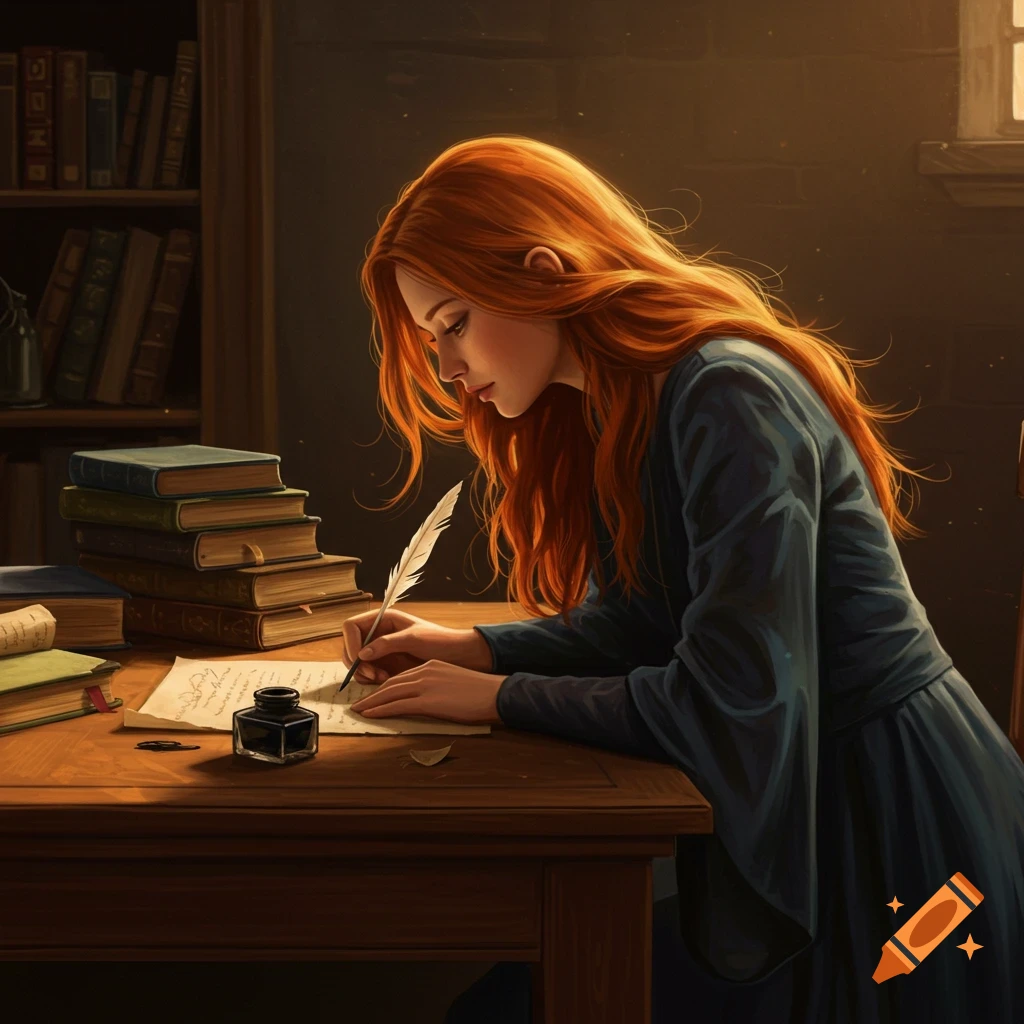 A woman with red hair writes with a quill at a wooden desk in a library