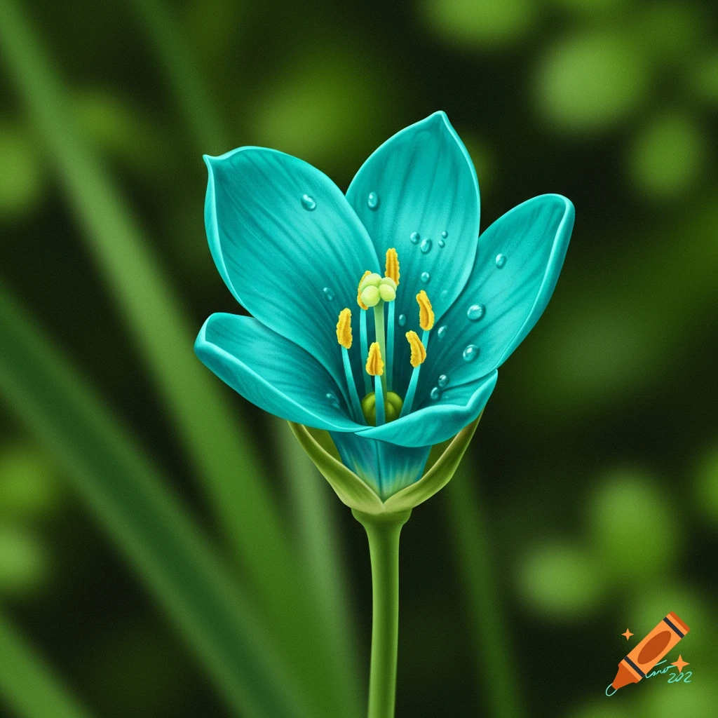 A teal flower with water droplets on a green background.