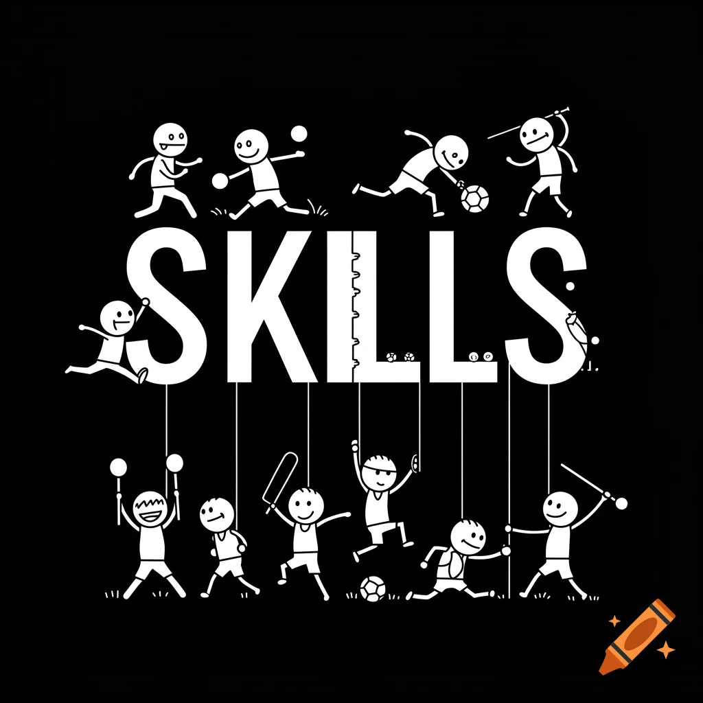 White stick figures doing sports around the word SKILLS on a black background illustration.