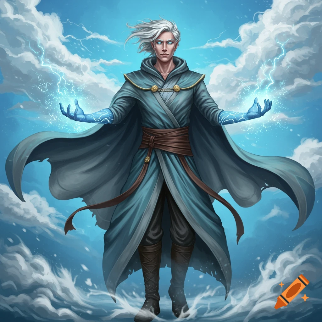 White-haired sorcerer in a blue cloak casting lightning in a stormy sky.