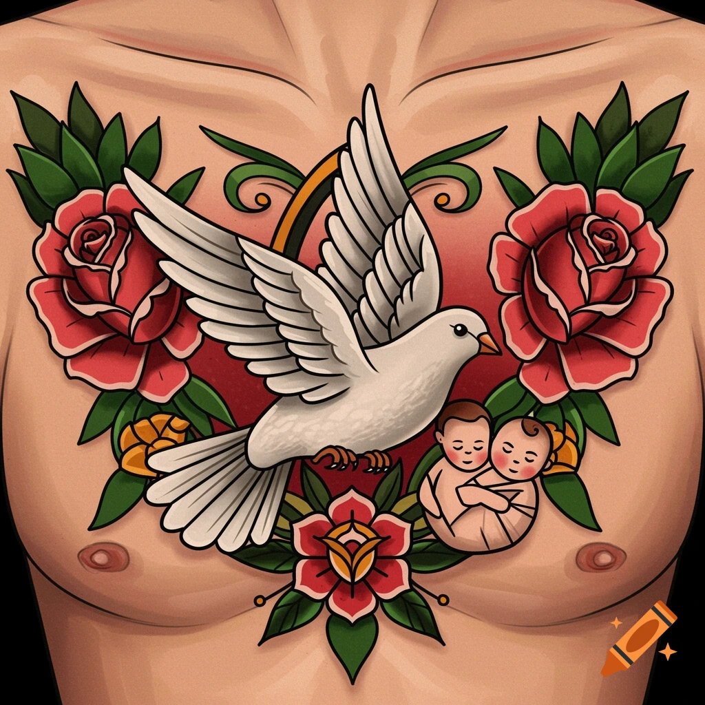 Traditional chest tattoo of a white dove, red roses, and two babies.