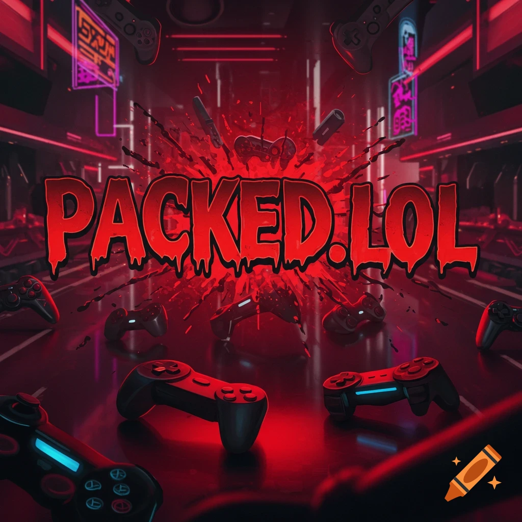 Red image with 'PACKED.LOL' text and scattered game controllers in a room with neon lights.