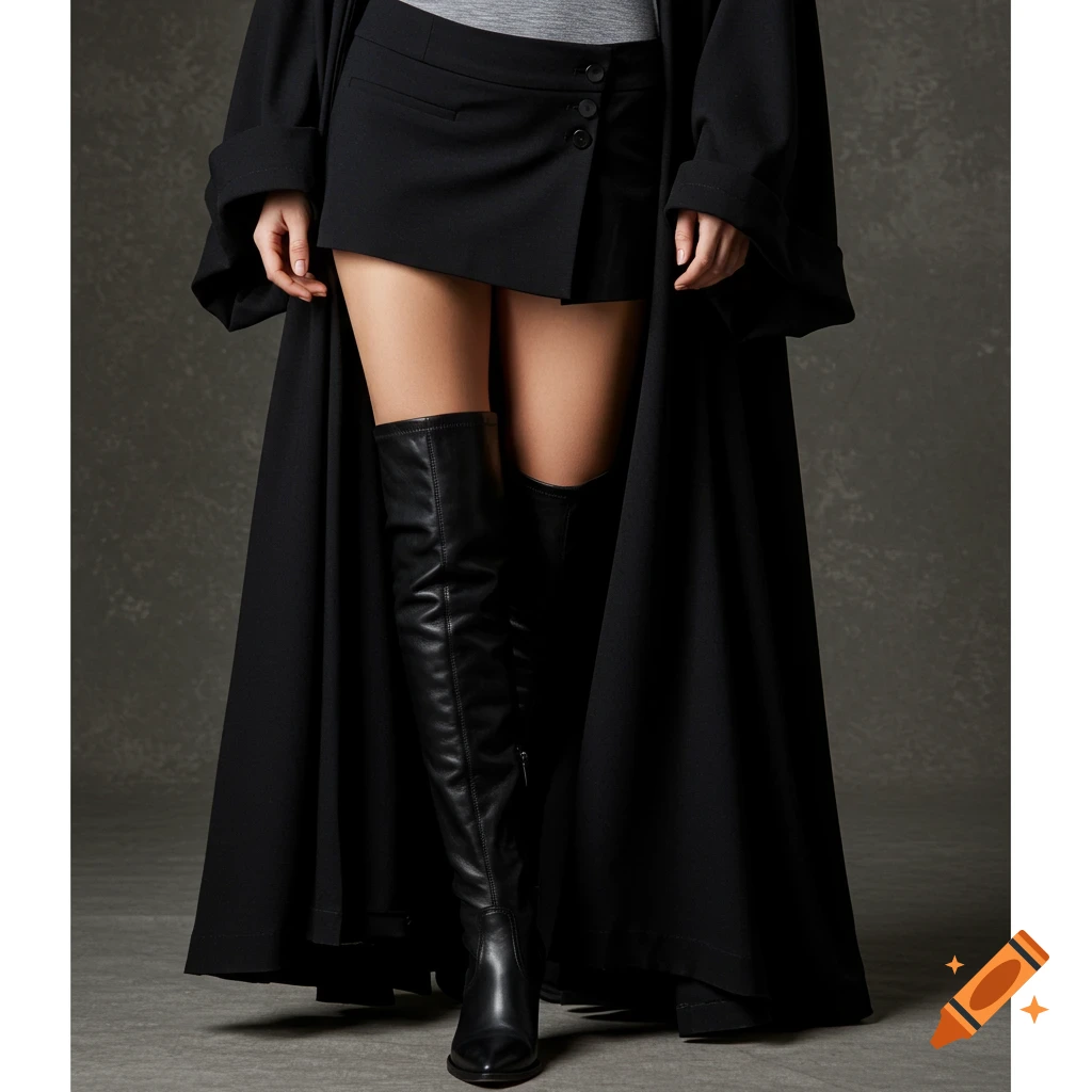 A person wears a black skirt, grey top, black robe, and black knee-high leather boots.