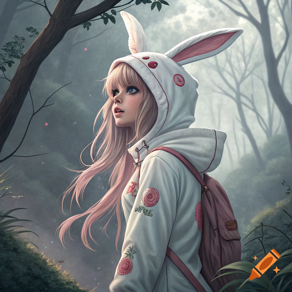 Anime girl with pink hair wearing a bunny ear hoodie and backpack in a forest