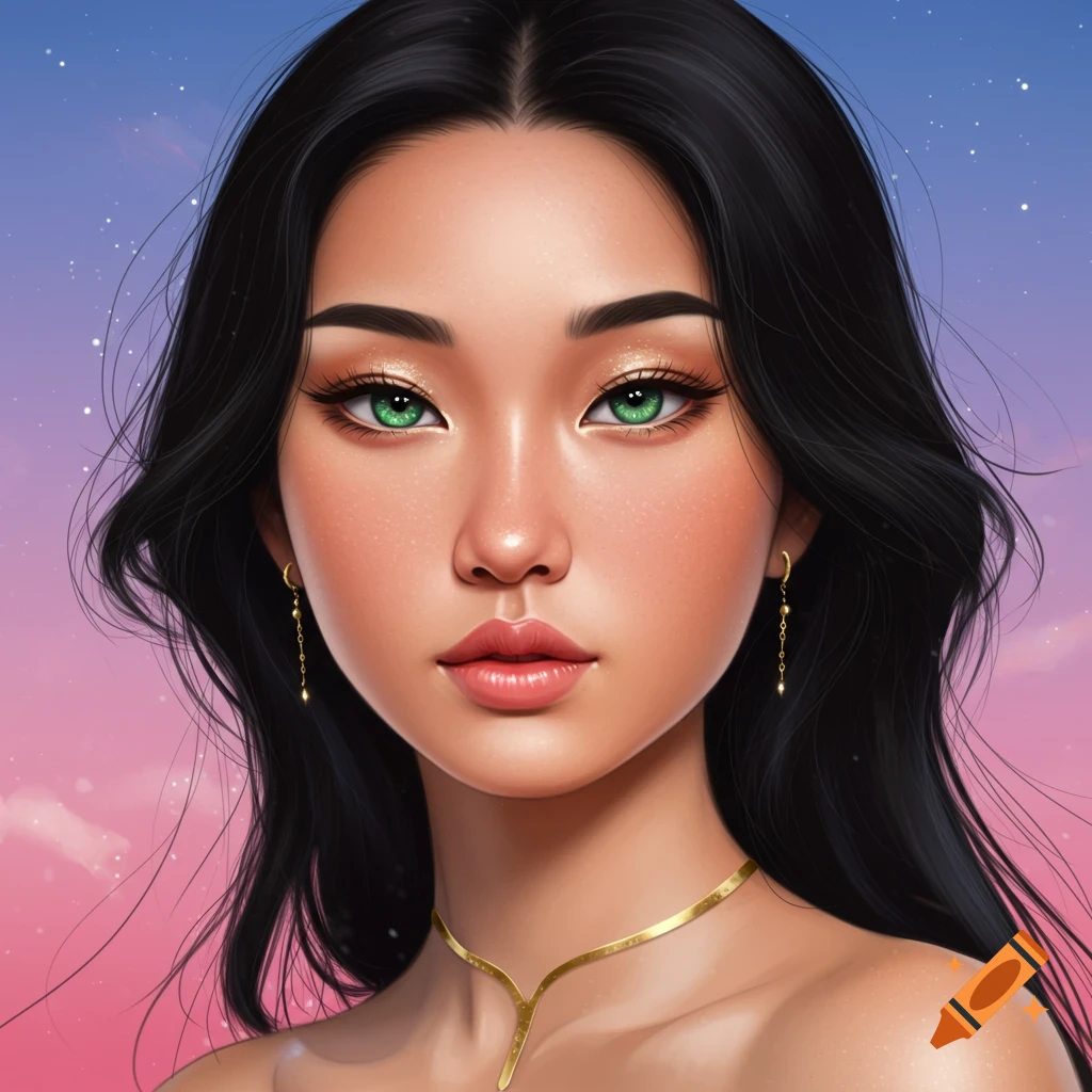 portrait of a woman with long black hair, green eyes, and gold jewelry