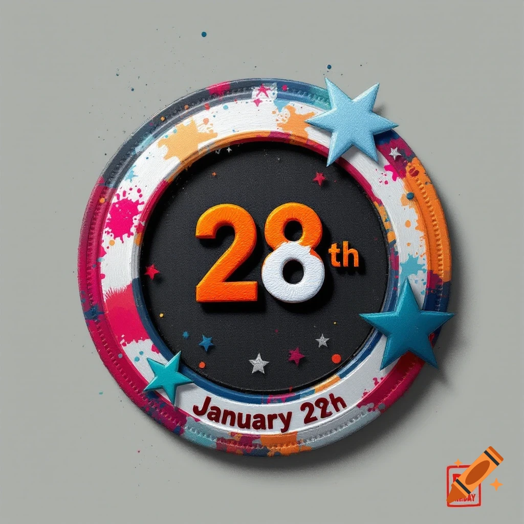 Colorful circular badge with 28th, January 22h, stars, and paint splatters.