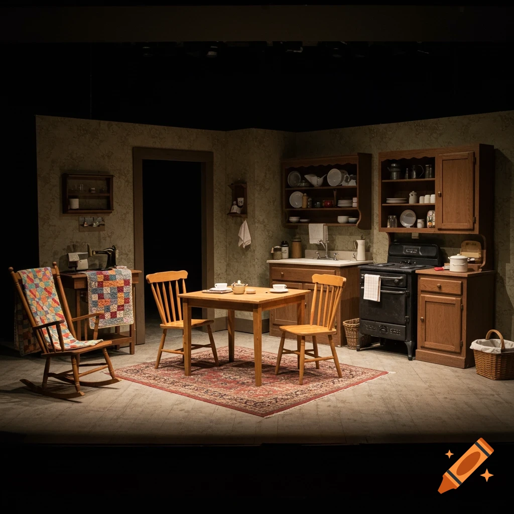 A stage set designed as a rustic kitchen with wooden furniture, a stove, cabinets, and a sewing machine.