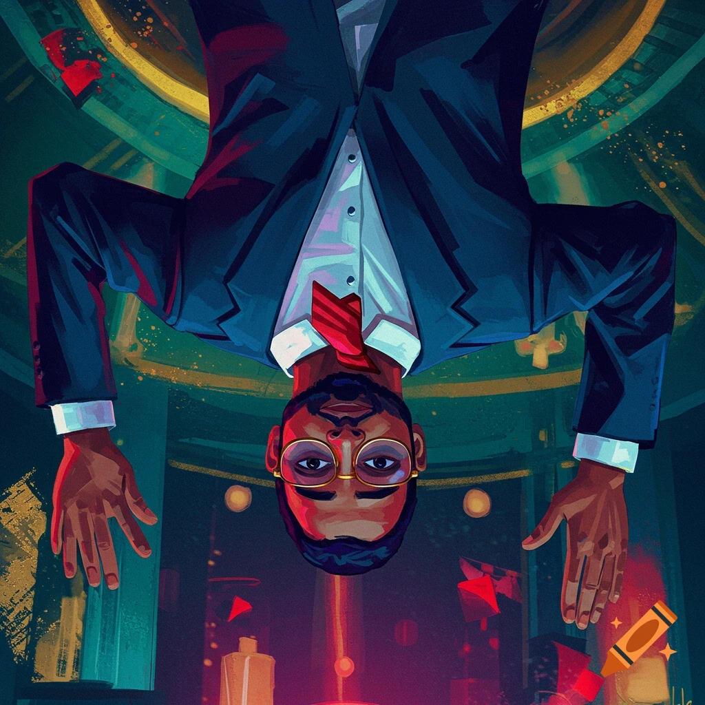 A stylized image of a man in a suit hanging upside down.