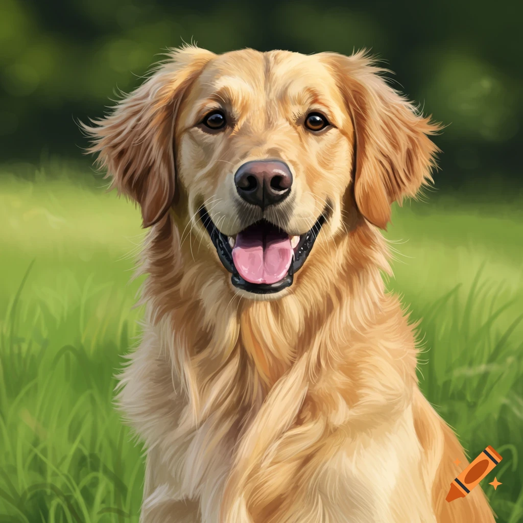 A Golden Retriever dog panting in a grassy field.