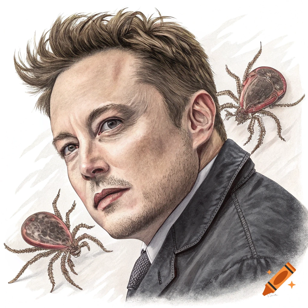 Illustration of Elon Musk with large ticks on his head and shoulder