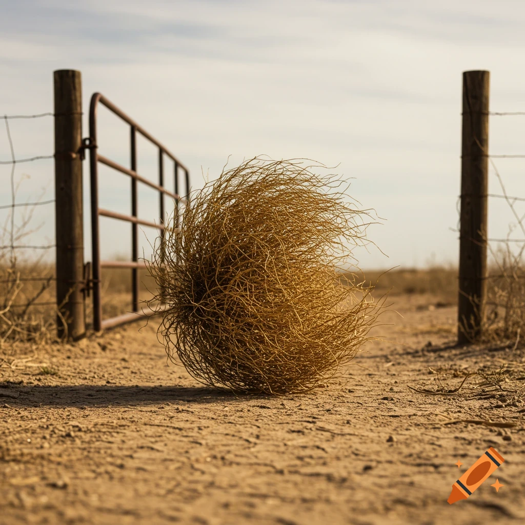 A large tumbleweed rolls across dry ground towards an open metal gate in a fence.