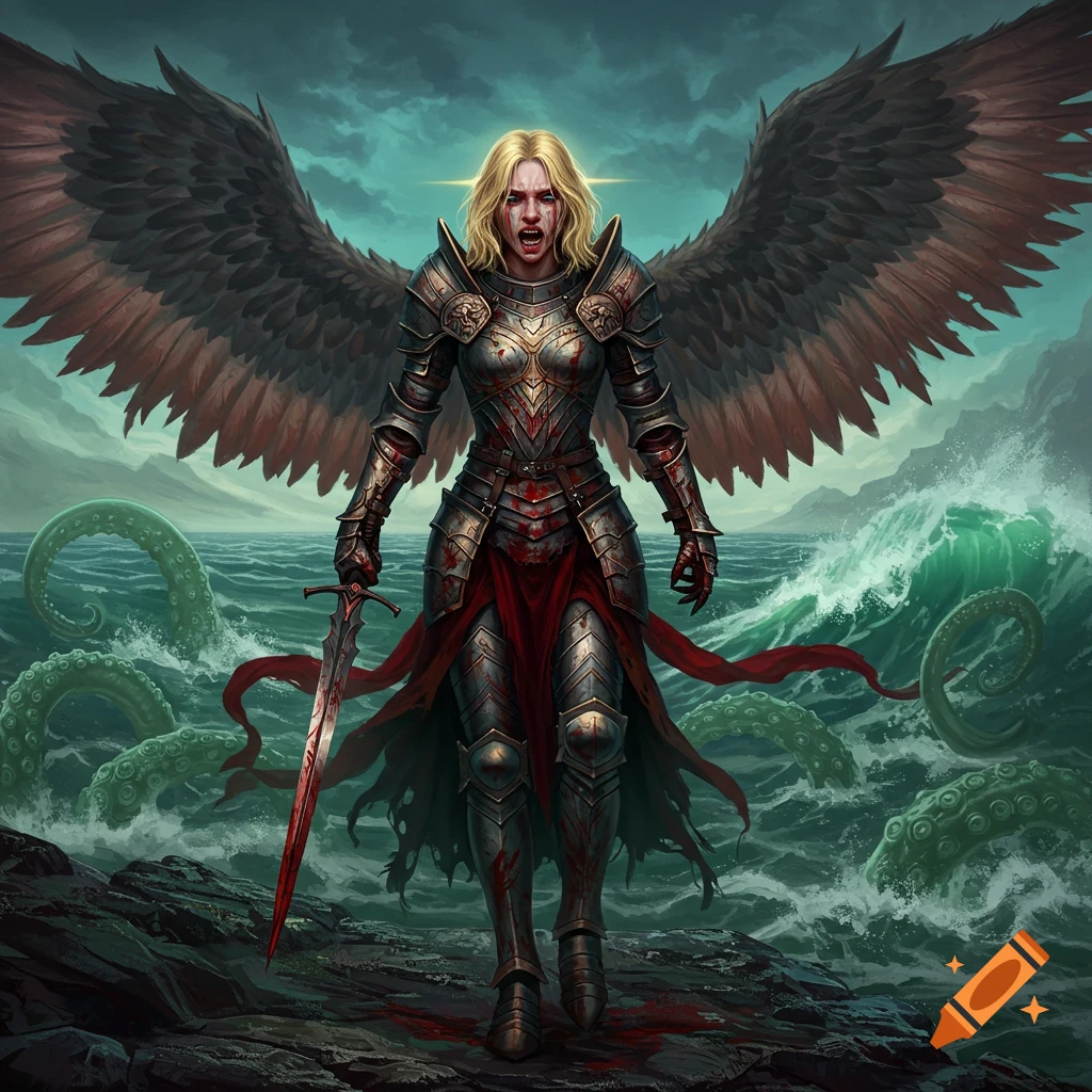 A bloody winged warrior in armor stands by a stormy sea with tentacles.