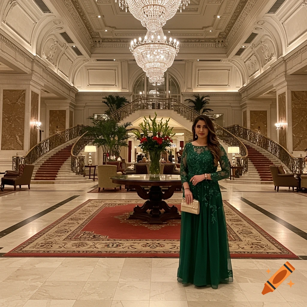 A woman in a green dress stands in a grand hotel lobby. Photo-realistic.