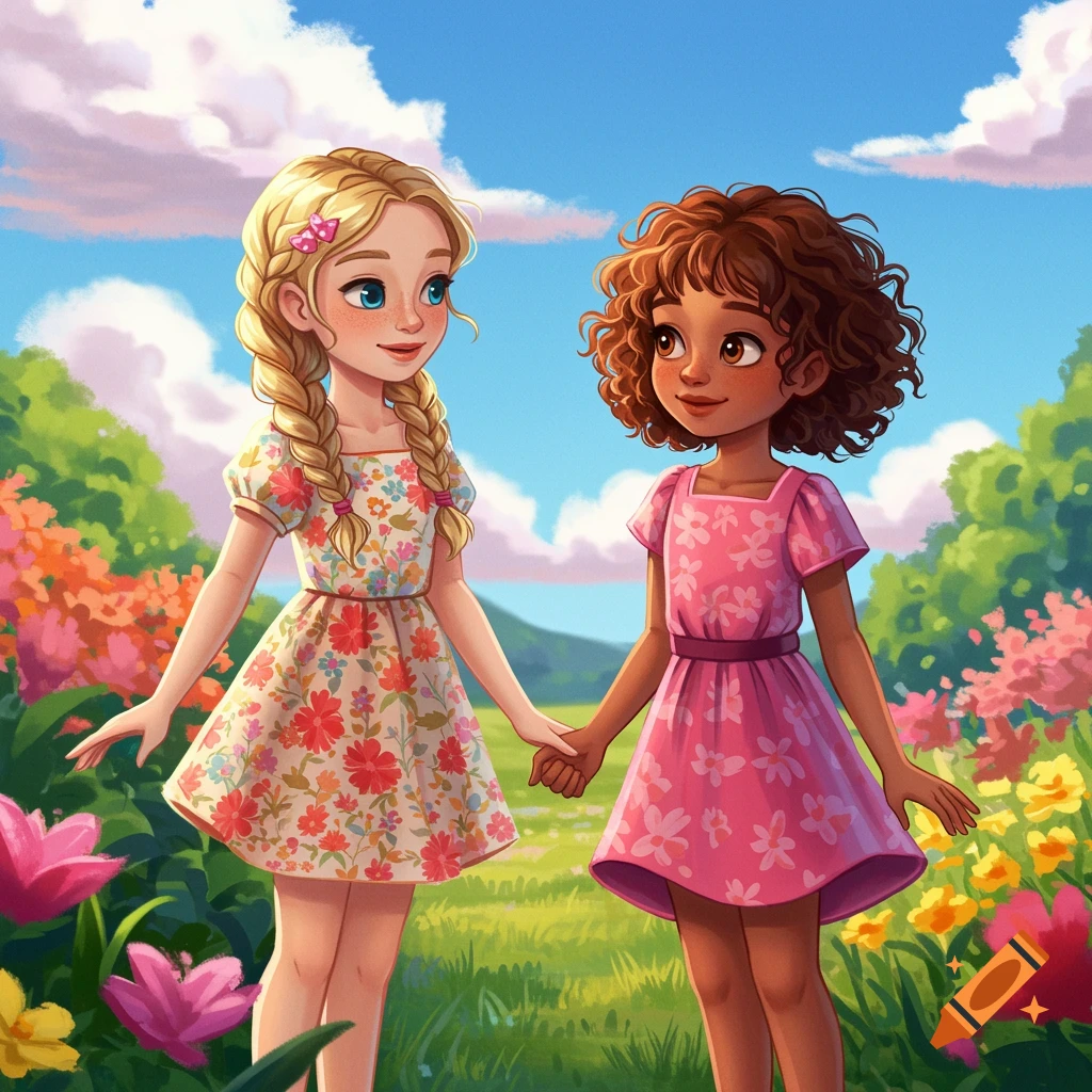 Two young girls holding hands in a whimsical garden, storybook style.