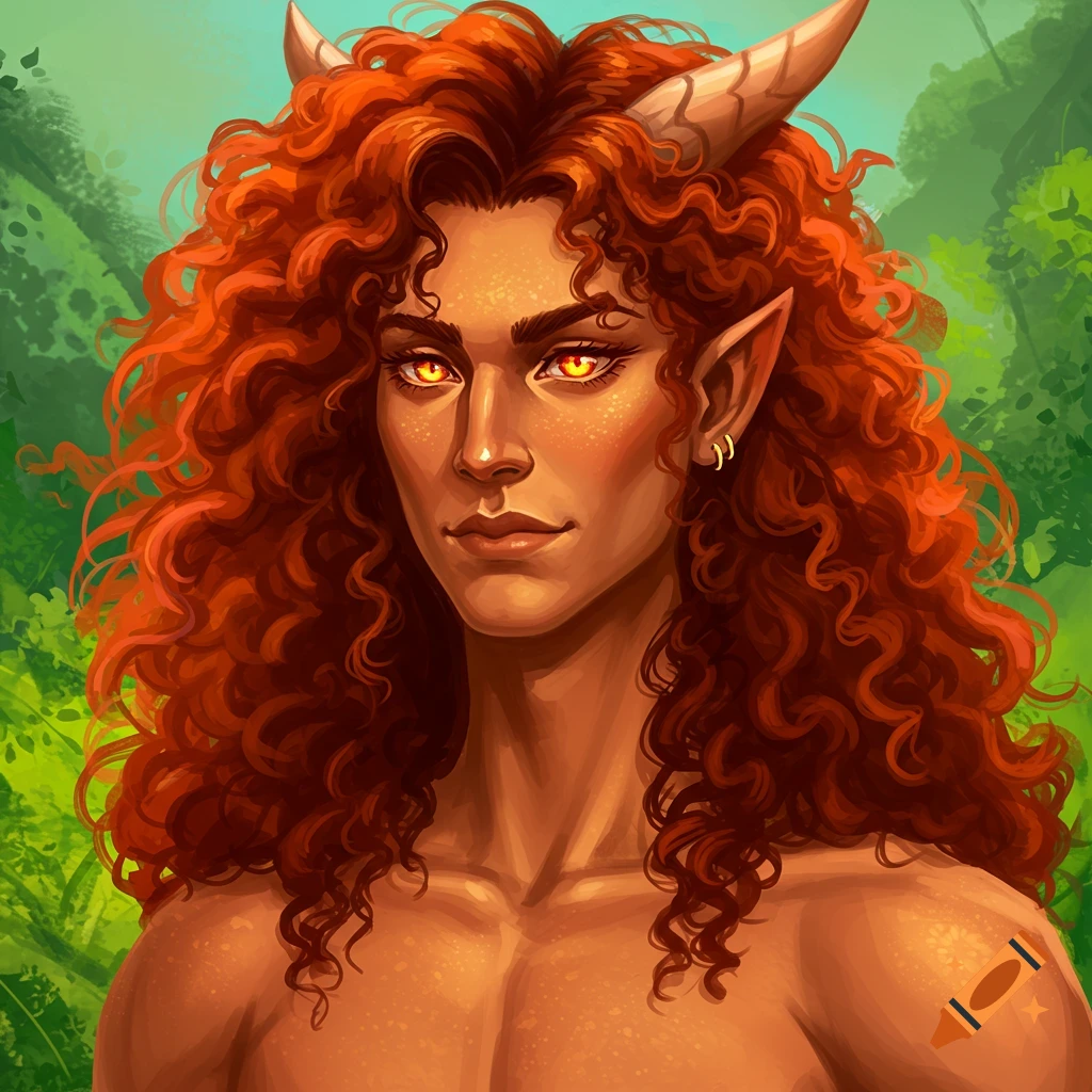 A fantasy creature with long red curly hair, horns, pointed ears, and glowing orange eyes, against a green jungle background.