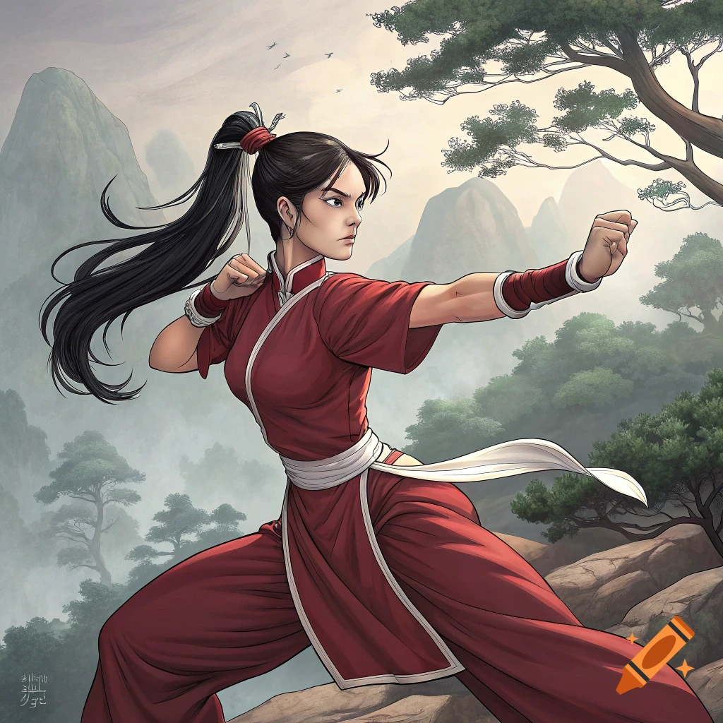 Female martial artist in a red uniform striking a pose in a mountainous landscape, illustration style.