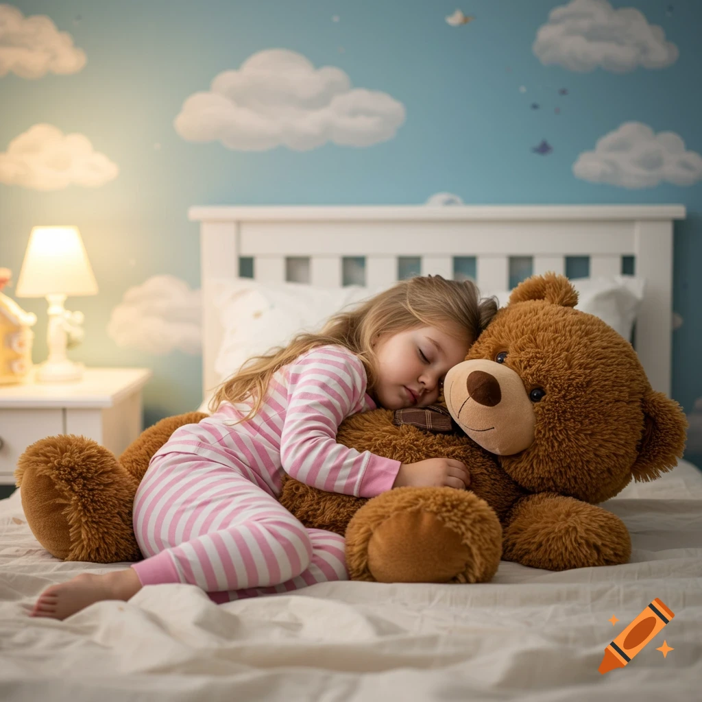 Little girl in pink and white pajamas sleeping on a large brown teddy bear in a bedroom with cloud wallpaper.