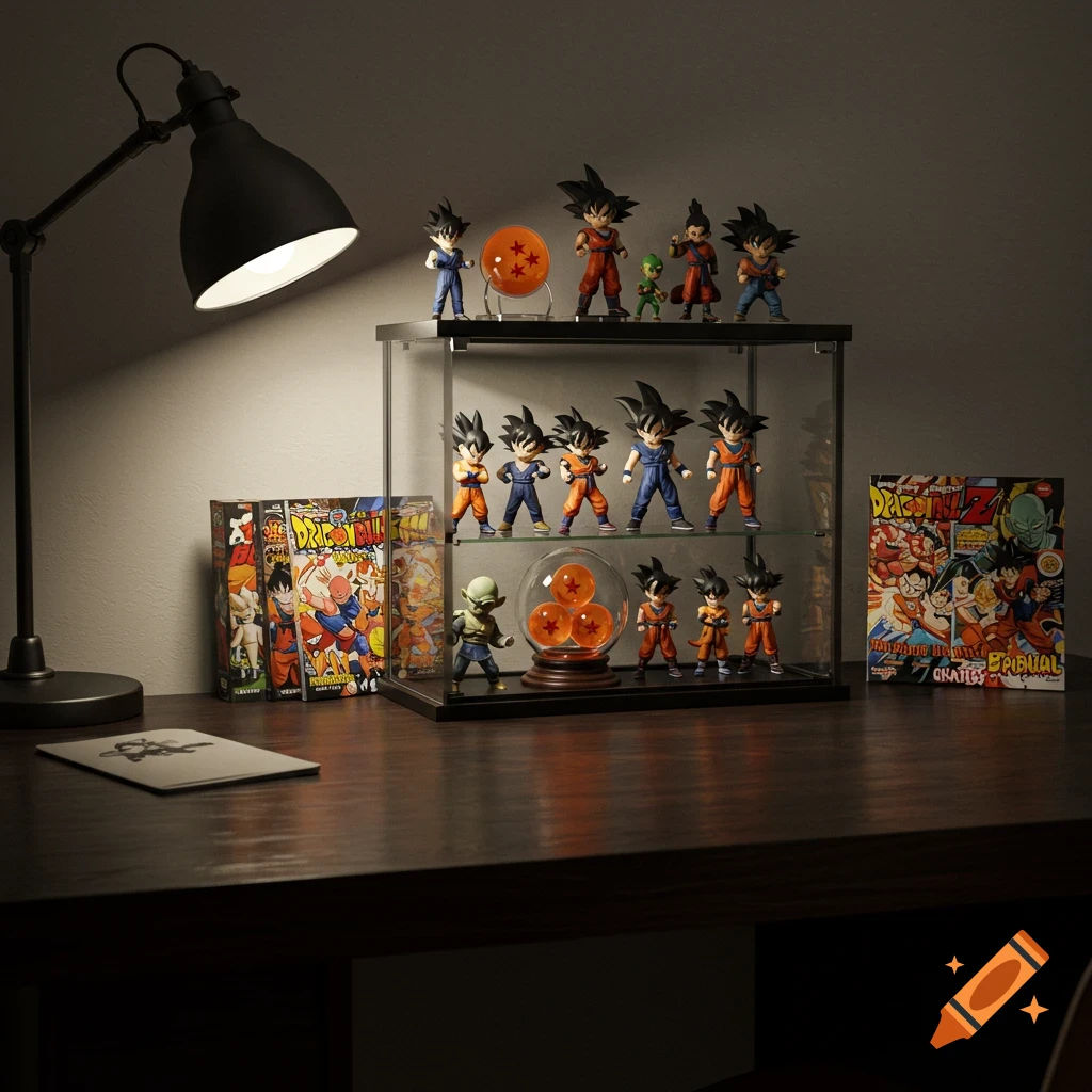 Digital render of a desk with a collection of Dragon Ball Z figures and collectibles displayed in a glass case.
