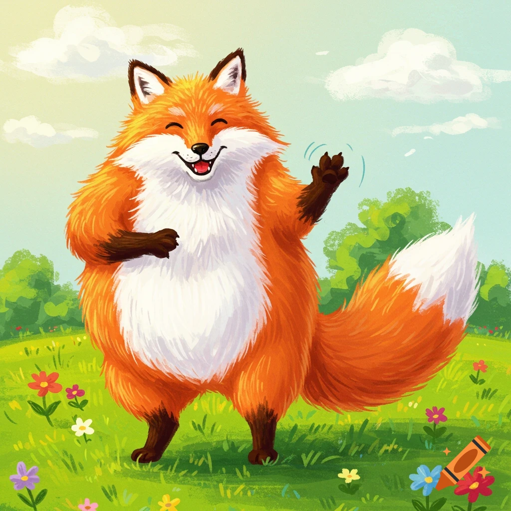 A fat, smiling orange fox stands on a grassy lawn with flowers and trees, waving.