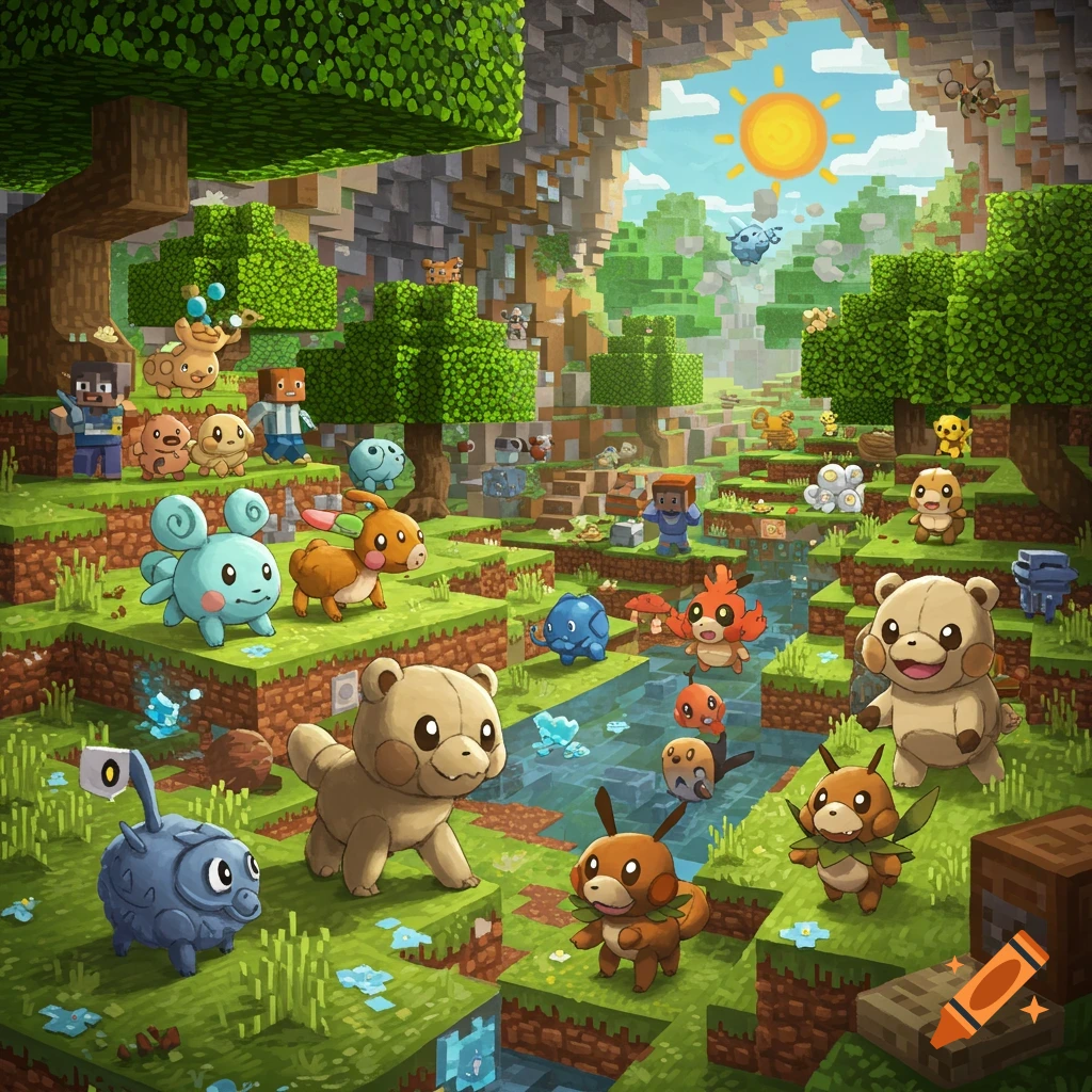 Cute Pokemon-like creatures in a vibrant, blocky Minecraft world landscape.